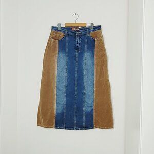 Splash Blue Brown Cotton Blend Corduroy Slit A-Line Midi Denim Skirt Size 17/18